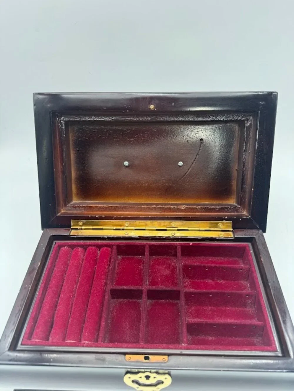 Vintage Mahogany Lacquer Jewelry Box Brass Lock Keys Velvet Lined 12in